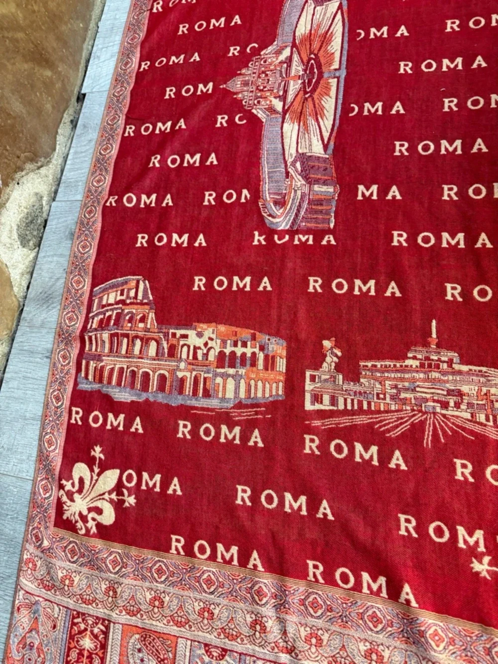 Roma Red Tapestry Scarf with Gold Trim - Women's Wrap Layer Shrug Poncho